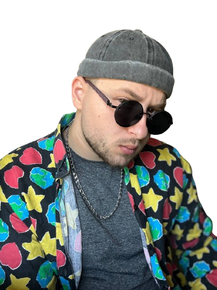Damian Slivciuc wearing sunglasses and a colourful shirt